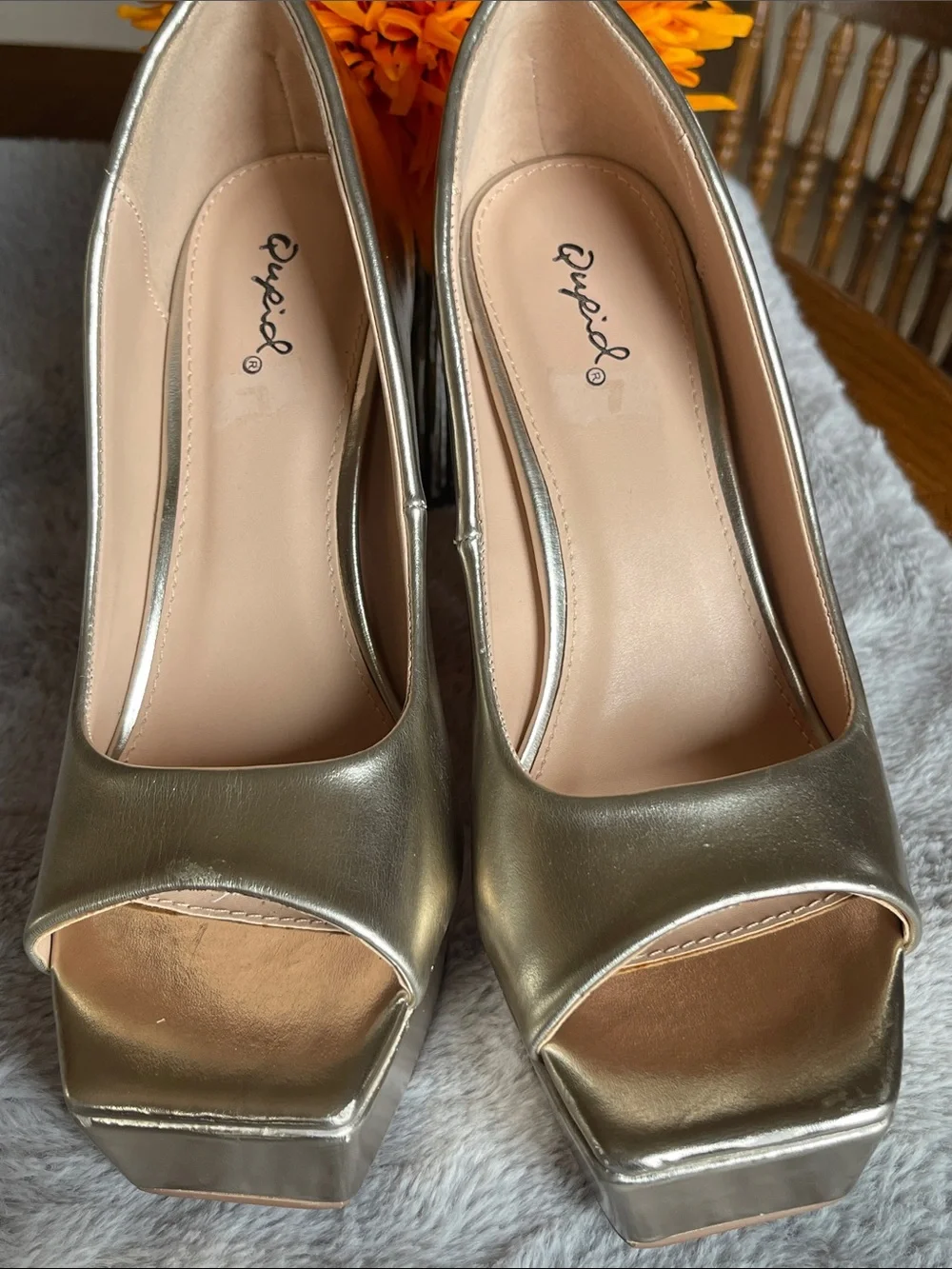 Qupid Metallic Gold Peep-Toe Platform Heels